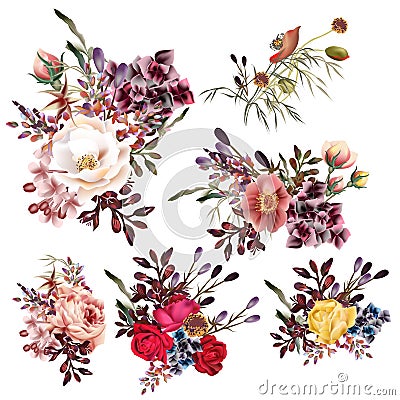 Collection of vector high detailed flowers in realistic style for design Stock Photo