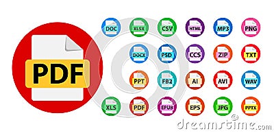 Collection of vector icons. File format extensions icons. Vector Illustration