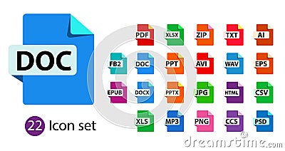 Collection of vector icons. File format extensions icons. Vector Illustration