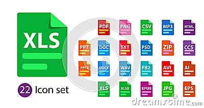 Collection of vector icons. File format extensions icons. Vector Illustration