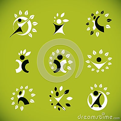 Collection of vector illustrations of happy abstract human with raised hands up. Phytotherapy metaphor Vector Illustration