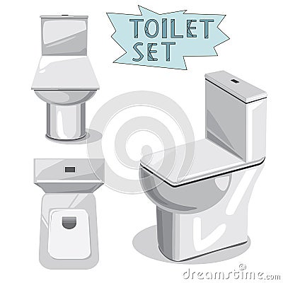 A isolated set of vector toilets with square flaps on top, side and front Vector Illustration