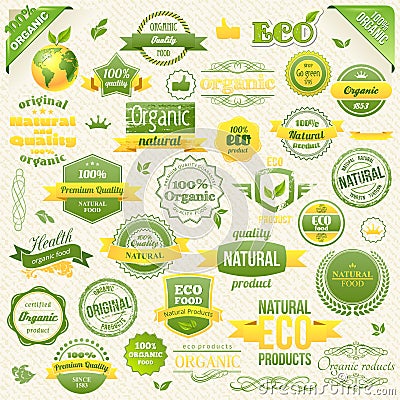 Collection Vector Organic Food, Eco, Bio Labels and Elements. Logo elements for Food and Drink. Vector Illustration