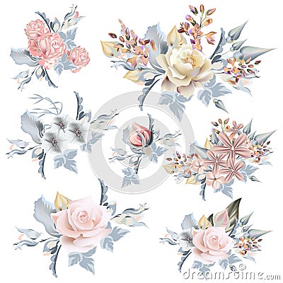 Collection of vector realistic pastel roses for wedding design i Stock Photo