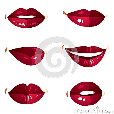 Collection of vector red female lips with makeup, different emotions of ladies. Simple beautiful female open and close up lips Vector Illustration