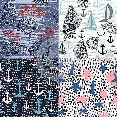 Collection of vector sea patterns on ocean theme for deisgn Stock Photo