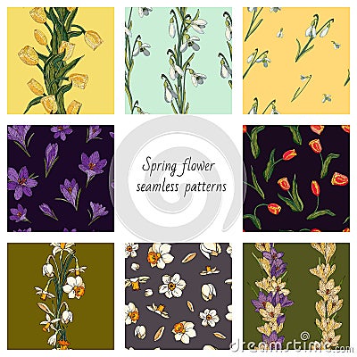 Collection of 8 vector seamless color patterns with spring flowers. Vector Illustration