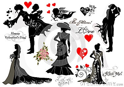 Collection of vector silhouettes groom and bride couples Stock Photo