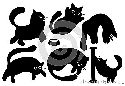 Collection of vector stickers of cute black silhouettes of cats Vector Illustration