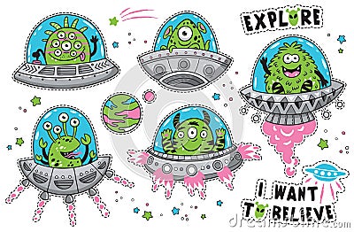 Collection of vector stickers with fantastic creatures in the galaxy Vector Illustration