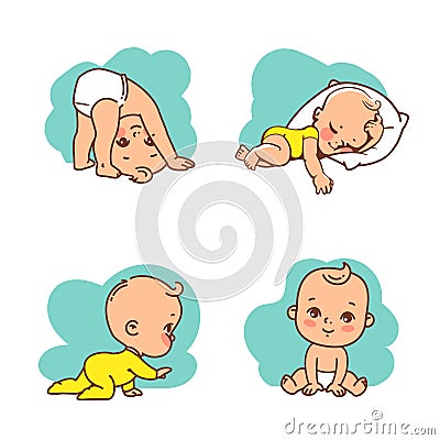 Collection of vector stickers of little baby boyar girl in diaper, pajamas. Vector Illustration