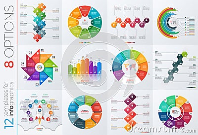 Collection of 12 vector templates for infographics with 8 options Vector Illustration