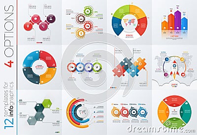 Collection of 12 vector templates for infographics with 4 options Vector Illustration