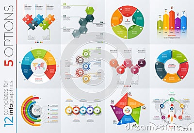 Collection of 12 vector templates for infographics with 5 options Vector Illustration