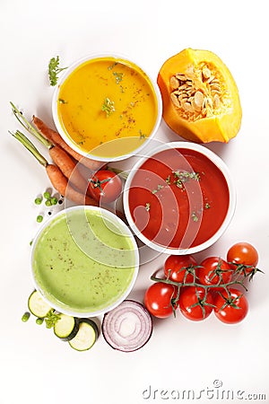 Collection of vegetable cream soup and fresh ingredient Stock Photo