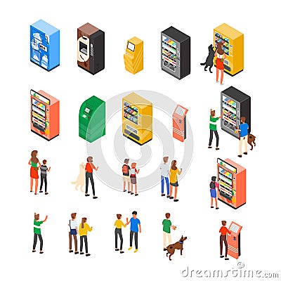 Collection of vending machines, ATM, self-service interactive kiosks or terminals and customers or consumers using them Vector Illustration