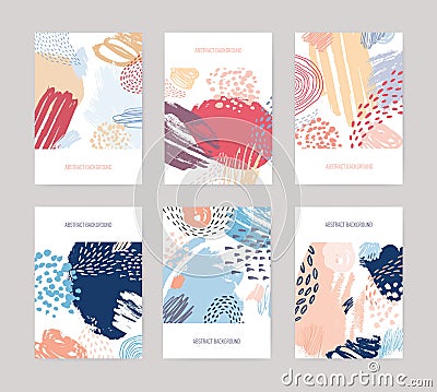 Collection of vertical abstract backdrops or card templates with colorful paint traces, blotches, smudges, stains on Vector Illustration