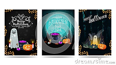 Collection vertical Halloween greeting postcards with Halloween night landscapes, beautiful letterings and Halloween characters Vector Illustration