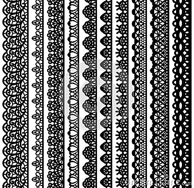Collection of vertical seamless borders for design. Black lace silhouette isolated on white background. Suitable for laser cutting Vector Illustration