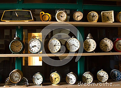 Collection of vintage alarm clocks Stock Photo