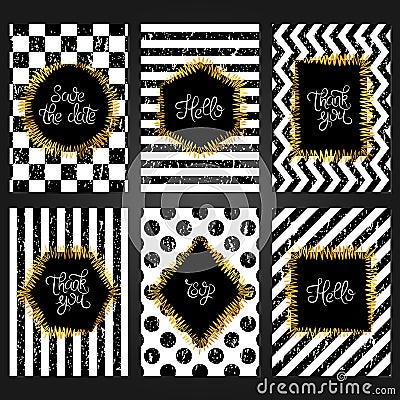 Collection of 6 vintage card templates in white and black colors Vector Illustration