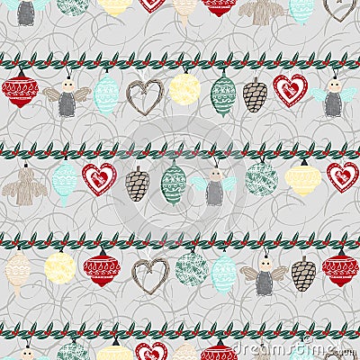 Collection of vintage christmas ornements hanging on holly garlands seamless pattern background. Stock Photo