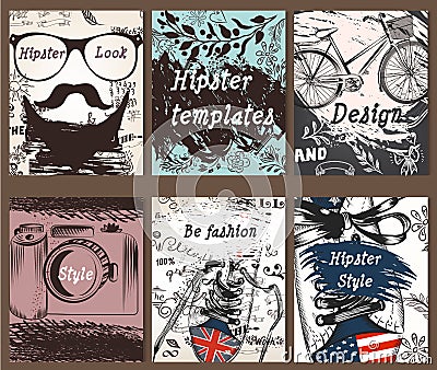 Collection of vintage creative cards with hand sketched hipster Stock Photo