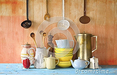 Collection of vintage dishes Stock Photo