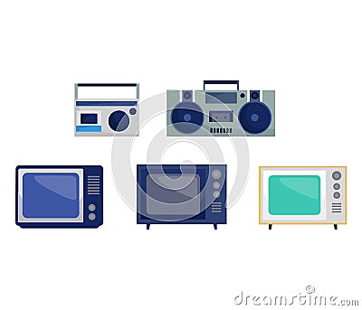 Collection of vintage electronics including radios, boombox, televisions. Retro technology gadgets, old school Vector Illustration