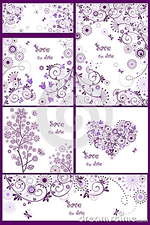 Collection of vintage greetings with violet abstract pattern Vector Illustration