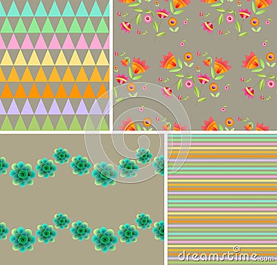 Collection of vintage patterns with flowers and geometric ornaments Vector Illustration