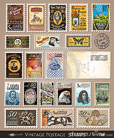 Collection of Vintage Postage Stamps Stock Photo