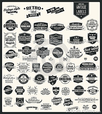 Collection of vintage retro labels, badges, stamps, ribbons Vector Illustration