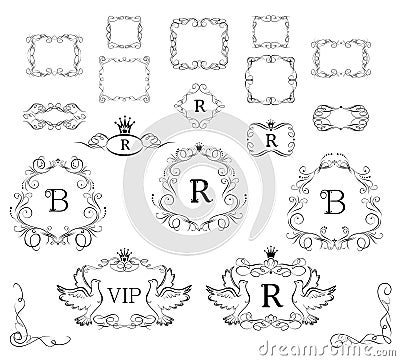 Collection of vintage royal vignette with doves and crown for vip design Vector Illustration