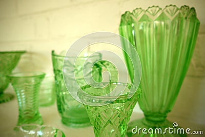 Collection: vintage 1930s green glass vases Stock Photo