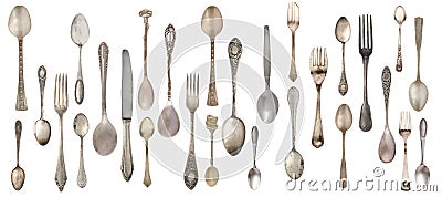 Collection vintage spoons, forks and knife isolated on a white background. Stock Photo