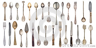 Collection vintage spoons, forks and knife isolated on a white background. Retro silverware Stock Photo