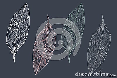 Collection of vintage tribal ethnic hand drawn colorful feathers Vector Illustration