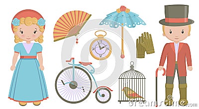 Collection of vintage victorian era items Vector Illustration