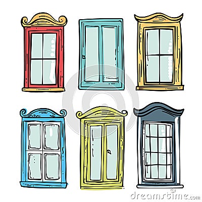 Collection vintage windows handdrawn doodle style. Colorful window frames, classic architectural Vector Illustration