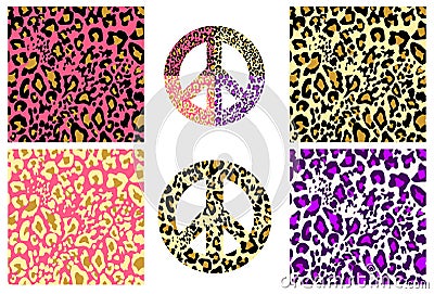 Collection wallpaper and hippie peace symbol with leopard print. Fashion design for t-shirt, bag, poster, scrapbook Vector Illustration