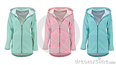 Collection of warm hoodies. Front view. Stock Photo