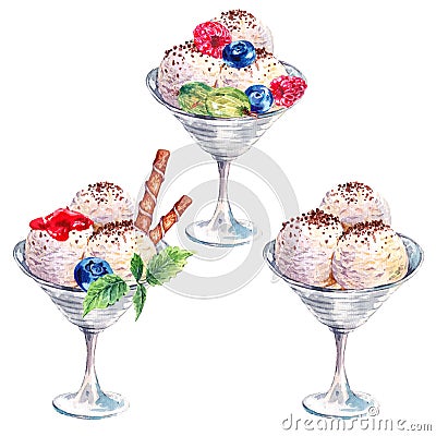 Collection watercolor balls of ice cream sundae Cartoon Illustration