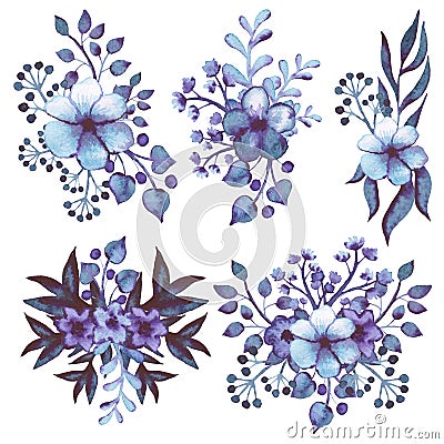 Collection Watercolor Bouquets With Blue And Violet Flowers Stock Photo