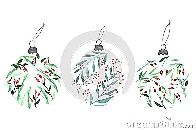 Collection of watercolor Christmas globes with leaves and winter berries decor on white. Stock Photo