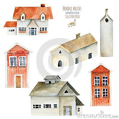 Collection of watercolor european ancient architecture, nordic houses Stock Photo