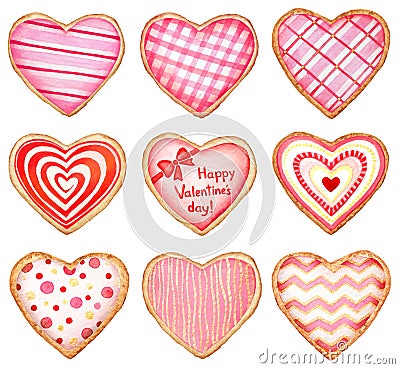 Collection of watercolor heart shaped cookies and candies decorated with glaze on white background for Valentine`s day designs Stock Photo