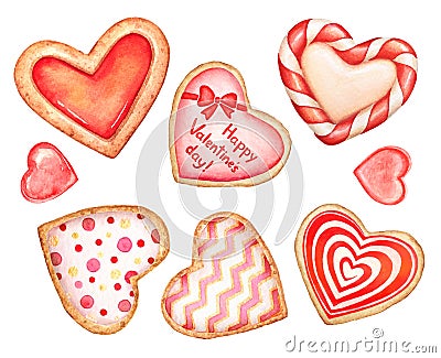 Collection of watercolor heart shaped cookies and candies decorated with glaze on white background for Valentine`s day designs Stock Photo