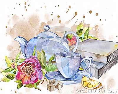 Collection of watercolor illustration on the theme tea. Stock Photo