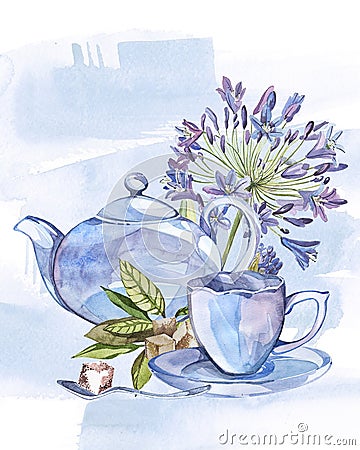 Collection of watercolor illustration on the theme tea. Stock Photo